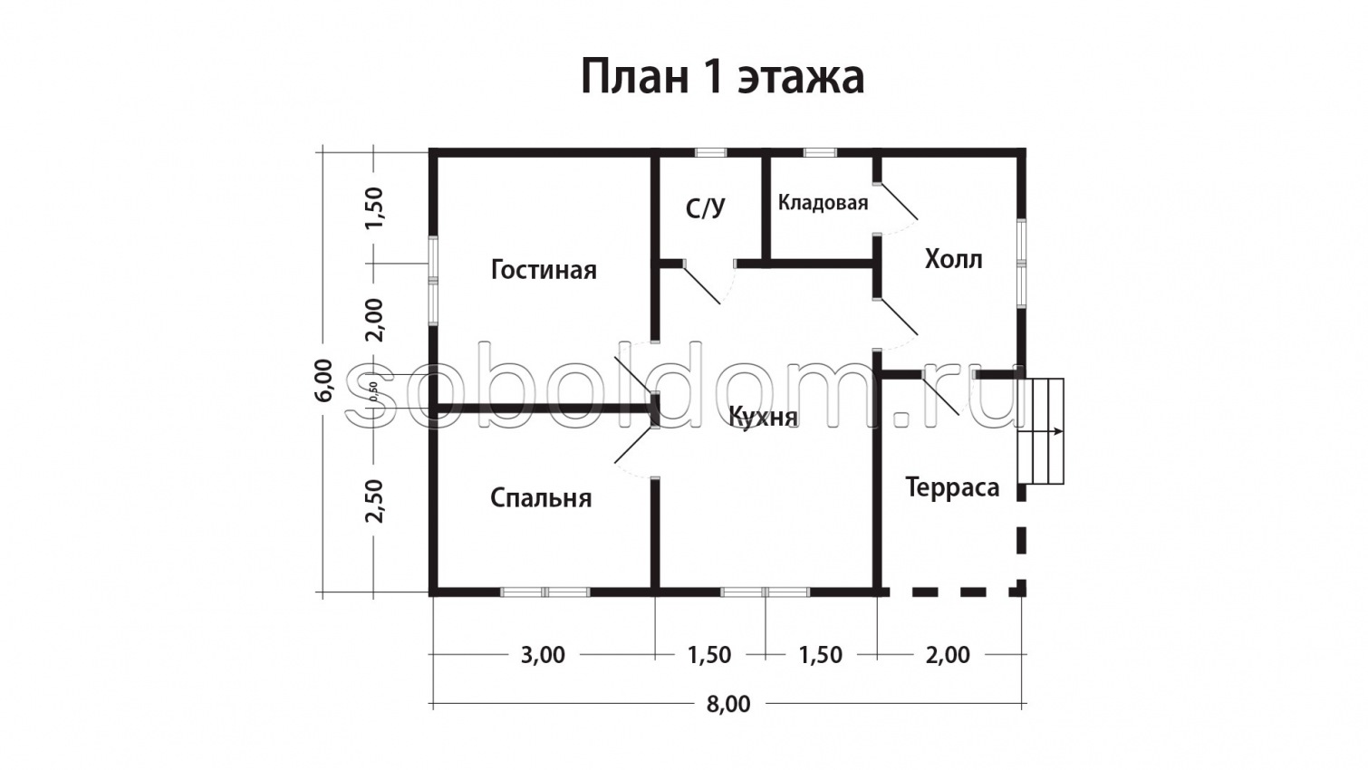 Дом из бруса Д-109, 8x6 м.