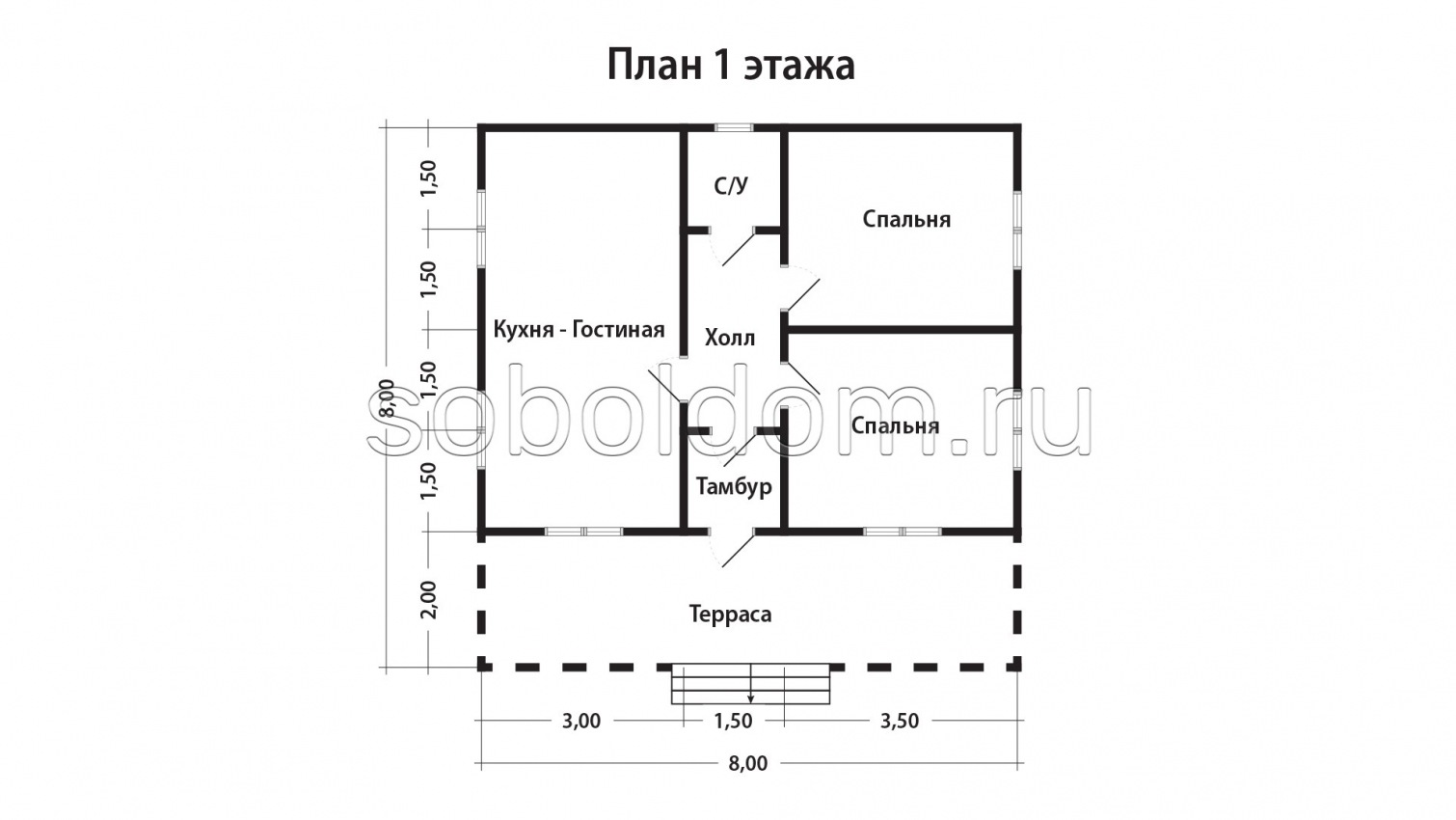 Каркасный дом К-115, 8x8 м.